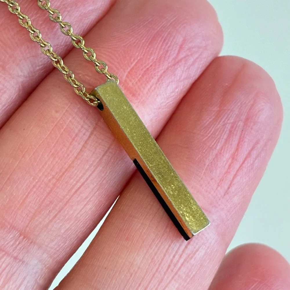 Vintage Gold Tone Necklace Black Bar Starburst Etched Pendant Mid Century Dainty